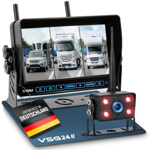 VSG24 Element Wired PRO HD 7'' Rückfahrkamera Set kabellos – 7 Zoll HD Monitor – IP68 Funkkamera mit Nachtsicht – bis zu 25 m Reichweite – Loop-Aufnahme – 12V/24V