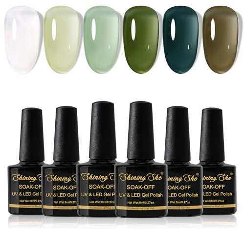 Shining She Jelly Gel Nail Polish Kit - 6 Colors: White, Cyan, Grass Green, Sheer, Transparent - UV/LED Soak-Off Formula for Art Salon & DIY Home - 8ML