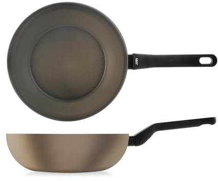H&H, wok, antiaderente, linea Balance, colore beige, adatta a tutti i piani cottura, lavabile in lavastoviglie, diametro 28 cm