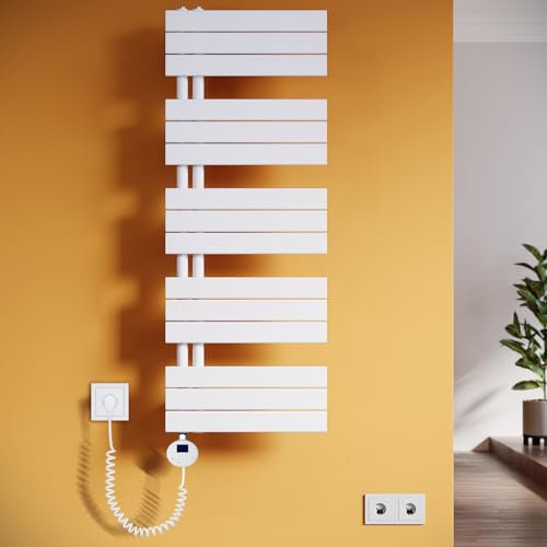 SUNXURY Scaldasalviette elettrico da bagno, 1314 x 500 mm, con termostato, scaldasalviette dritto, con barra riscaldante, bianco, 800 W