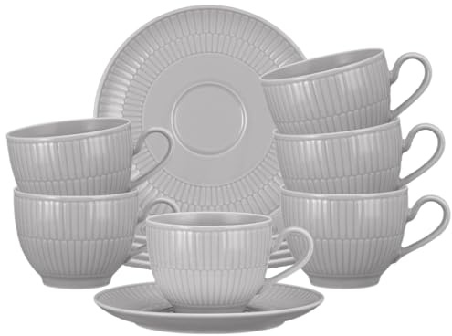 Seltmann Weiden Amina Silbergrau Kaffeetassen mit Untertassen 6er Set, 250 ml, Kaffee-Set für 6 Personen mit dezentem Relief-Muster, Spülmaschinen- und Mikrowellenfest, Porzellan, Grau