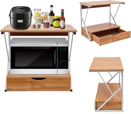 DHQCQL Étagère à micro-ondes à 2 niveaux avec tiroirs et couvercles de protection, étagère de cuisine debout pour cuisine et rangement, jusqu'à 10 kg, 54 x 35 x 50 cm