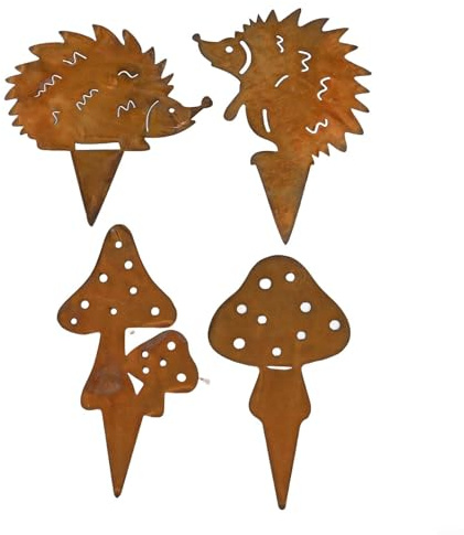 Lecreatekit Whimsical Autumn Decor 4PCS Metal Hedgehog and Mushroom Stakes for Your Garden