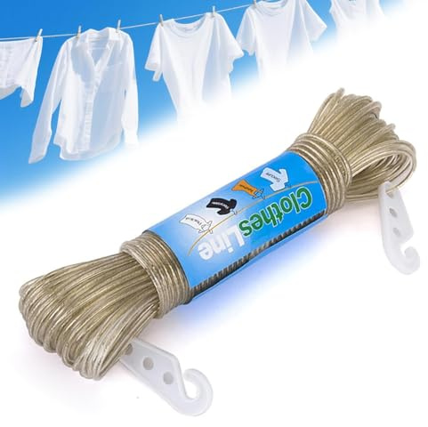 20 m robuste Wäscheleine mit Stahlkern, PVC-beschichtetes Wäscheleine mit 2 Spannern, für Innen- und Außenbereich/Garten, rostfrei, einfach zu installieren, Champagnerfarben