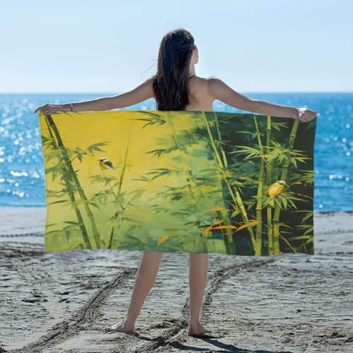MPTPTM Quick Dry Beach Towel, Green Bamboo Bird Lightweight Travel Towel, Sand Resistant and Absorbent Beach Towel for Swimming Camping Hiking