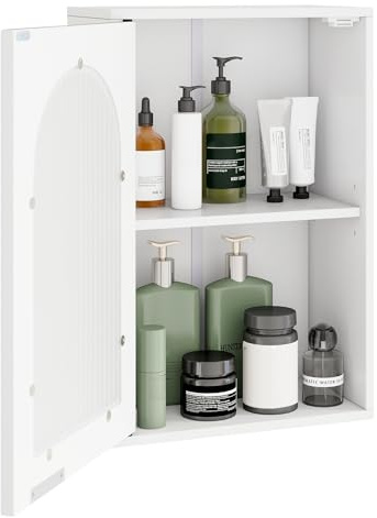 Multigot Bathroom Wall Cabinet, Wall-Mounted Wooden Storage Cupboard with Tempered Glass Door & Adjustable Shelf, Hanging Medicine Cabinet Organizer Unit for Kitchen Living Room (White)
