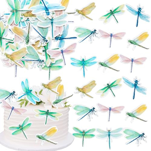 Ephlyn 63Pcs Edible Dragonfly Cupcake Toppers Wafer Paper Insect Birthday Garden Party Cake Decoration Picks for Baby Shower Wedding Birthday Party Cake Food Decorations Supplies Green