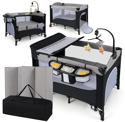 COSTWAY 5 en 1 Cuna de Viaje para Bebé con Colchón, Parque Infantil para Bebés con Cambiador de Pañales, Caja de Música y Juguetes Colgantes, Cuna Bebe con Bolsa de Almacenamiento (Gris Claro)