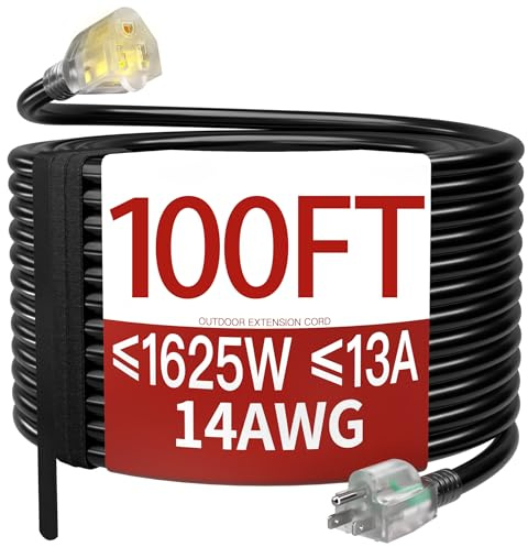 100 FT 14/3 Extension Cord Outdoor, Heavy Duty Weatherproof & Flame Retardant Black 3 Prong Power Cord with Light, Outside for Lawn & Garden, 13 Amps 1625 Watts 125 VAC 14AWG SJTW, ETL Listed