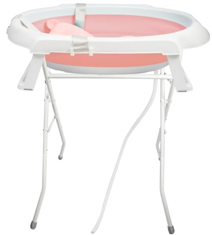 Baignoire pour Bébé avec Support, Bassin de Douche Portable Antidérapant, Baignoire Pliable avec Tapis de Bain, Maximum 10 Kg, 66 * 61 * 82 cm (Rose)