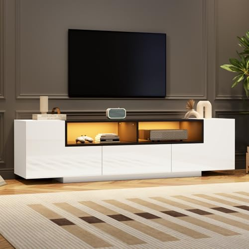 OLIVIBED Mueble de TV con 2 puertas, armario bajo con compartimento abierto y cajones, TV Board de 180 cm para televisores de hasta 75 pulgadas, armario de TV de alto brillo para salón, dormitorio