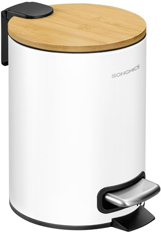 SONGMICS Kosmetikeimer, Mülleimer Bad mit Deckel aus Bambus, 3 Liter | Mülleimer Klein, mit Metallpedal, Inneneimer herausnehmbar, Softclose, Weiß, ISLAND Kollektion LTB113WZ01