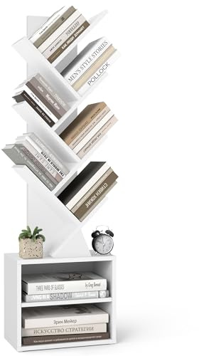 VASAGLE Custos Colección - Estantería en Forma de Árbol, Estantería de Pie Moderna Autoportante, Dormitorio, Salón, Estudio, 2 Compartimentos Abiertos, 20,3 x 38 x 123,2 cm, Blanco Nube LBC607WB01
