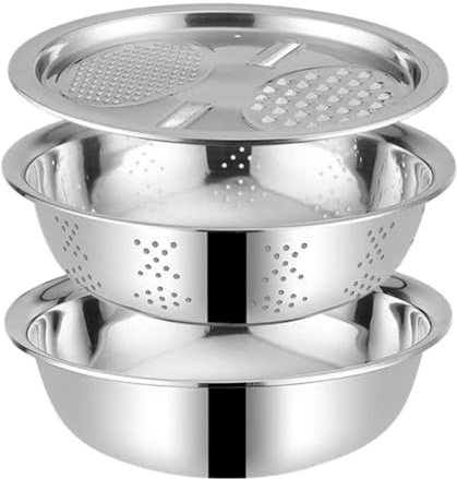 TOVINANNA 3 pièces Passoire Acier Inoxydable avec Râpe et Bassin Multifonctionnel pour Laver Légumes Fruits et Riz Bol Égouttoir Métal pour Cuisine