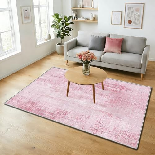 WUTONG Teppich Wohnzimmer Rosa 120x160cm,Waschbar Vintage Kurzflor Teppich Schlafzimmer,Abstrakter Weicher Kinderteppich für Kinderzimmer Mädchen & Jugendzimmer