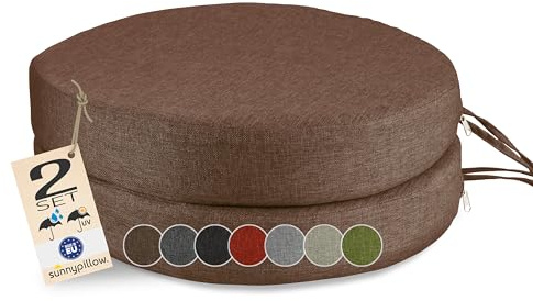 sunnypillow 2er Set Stuhlkissen Rund Ø 40 cm, wasserdicht UV-lichtecht, 7cm dick - Outdoor Polsterauflage mit Bändern - Auflage für Stühle,Bänke - Sitzkissen Stuhlauflage für Haus und Garten - Braun