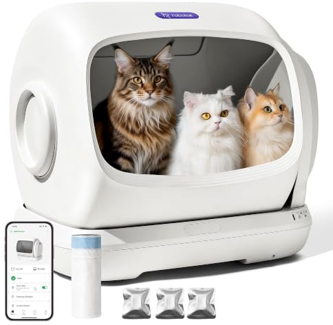 Self Cleaning Cat Litter Tray, Robotail C42 XXXL Extra Large Automatic Cat Litter Tray for Multiple Cats, Electric Automatic Litter Box, Anti-Pinch/APP Control/Odour-Free, Includes Liners & Litter Mat