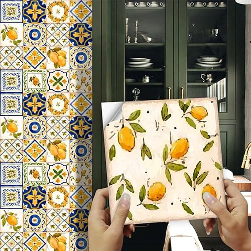 WIQUYBML Adesivi per Piastrelle con Motivo Limoni, Piastrelle autoadesive per pareti di Cucina e Bagno, Vinile Adesivo, Impermeabili e antimacchia, 16 Pezzi (15x15 cm)