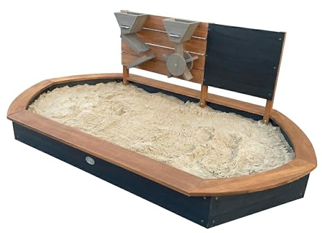 AXI Joey Sandkasten oval aus Holz - Braun/Anthrazit | Sandkasten Mit Spielwand und Kreidetafel | Mit Bodenplane & Schutzhülle | 158 x 91 x 57 cm