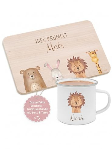 Wunderwunsch Personalisiertes Frühstücksset für Kinder mit Tieren - Holz-Frühstücksbrettchen und Emaille Tasse mit Namen, Kindergeschirr, Brotzeitbrett Gravur (Tiere unten)