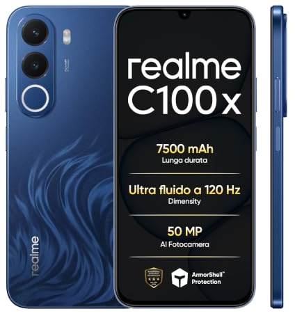 realme C100X Smartphone 5G Móvil, 4+256 GB, Batería de 7500 mAh con Gran autonomía, Carga rápida de 45W, Pantalla de 120 Hz, IA y cámara de 50 MP, Protección ArmorShell™, Azul