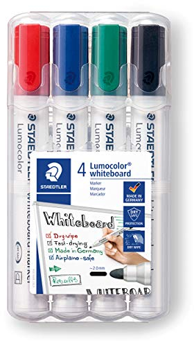 STAEDTLER Whiteboard-Marker Lumocolor, Rundspitze ca. 2 mm Linienbreite, Set mit 4 Farben, hohe Qualität Made in Germany, trocken und rückstandsfrei abwischbar von Whiteboards, 351 WP4