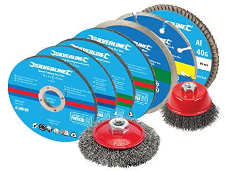 Silverline 12pce 115 mm Cutting and Grinding Discs Kit, Coarse/Extra Coarse/Very Fine/Fine Grit, Steel/Diamond Grit Material, Multicolored, Compatible with Angle Grinder
