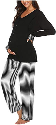 SUNNSEAN Pyjama Femme Enceinte d'Allaitement en Coton Deux Pièces, Vêtements De Nuit Manche Longue Col Rond Pour Grossesse, Toutes Saisons