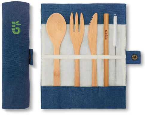 Eßbesteck aus Bambus | Reisebesteck | umweltfreundliches Besteckset | Messer, Gabel, Löffel und Strohhalm| Besteck Holz | Reisebesteck für unterwegs mit Reiseetui | 20 cm | Ozean | Bambaw