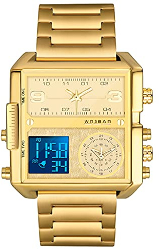 Gold Uhr Herren Cool Damenuhr 3 Arten von Zeitanzeige Quadratisch Digital Edelstahl Armbanduhr Schwarz Silber 3ATM Wasserdicht Elegant Business Datum LED Mode Elektronisch Quarz Uhren für Männer