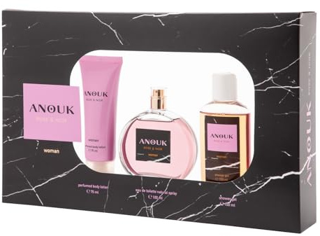 ANOUK - Rose & Noir Colonia 100 ml + Crema de Cuerpo 75 ml + Gel de Baño 100 ml, Estuche de Regalo Mujer, Eau de Toilette Femenina, Aroma Dulce y Floral, Fragancia Fresca, Delicada, Larga Duración