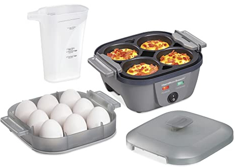 Hamilton Beach 6-in-1 Electric Egg Cooker for Hard Boiled Eggs, Sous Vide Style Egg Bite Maker and Poacher, 5.25” Non-Stick Skillet for Omelets, Scrambling & Frying, Grey (25510)
