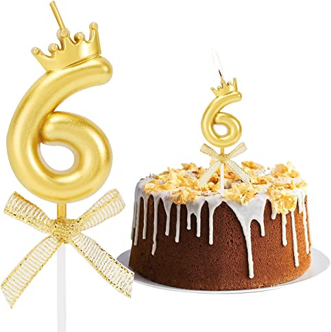 Geburtstag Nummer Kerzen, Zahlenkerze mit Schleife und Krone Mädchen Geburtstagskerzen Kuchen Kerzen Zahl 6 Glitzer Kuchen Topper Dekoration für Hochzeit Geburtstag Jubiläum Feier Abschluss, Golden
