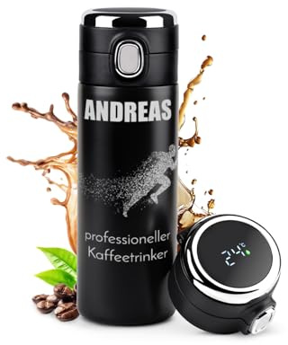 Maverton Trinkflasche mit Gravur 300 ml - Thermobecher auslaufsicher 100% dicht - LED-Touch-Anzeige - Thermoskanne aus Edelstahl - für Männer zum Geburtstag - schwarz - Kaffeetrinker