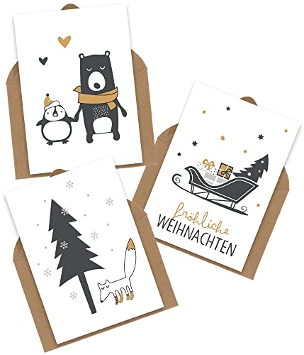 OWLBOOK 3er Set Weihnachtskarten - Pinguin & Fuchs & Schlitten - weihnachtliche Karten Postkarten Geschenkkarten mit Briefumschlag Geschenke Geschenkideen zu Weihnachten