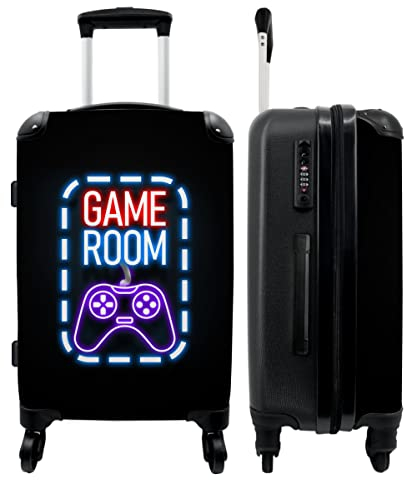NoBoringSuitcases.com® Koffer groß Trolley Rollkoffer Reisekoffer mit 4 Rollen Fotokoffer - Gaming - Zitate - 'Game Room' - Neon - Rot - 67x43x25cm - 90 Liter