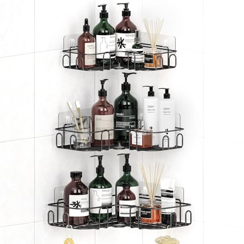 Uamector Duschablage ohne Bohren Ecke - 3 Stück Badezimmer Regal Duschkorb - Rostfrei Schwarz Duschregal für Duschgel - Shampoo Halterung für Eckregal Dusche (Eck 3er-Pack)