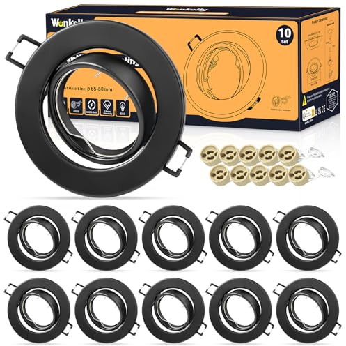Foco Empotrable LED Techo, 10 Pieza Marco Focos GU10 Negro Redondo, con Portalámparas GU10 para Lámparas de Led O Halógena, Ángulo basculación 30° AC 230V, Marco Empotrado Ojos de Buey para Techo