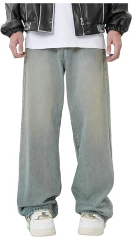 RUMAOZIA Jeans da Uomo Baggy Hip Hop Vintage Y2K Straight Leg Streetwear Relaxed Fit Pantaloni Casual Denim Con Gamba Larga, Azzurro, S