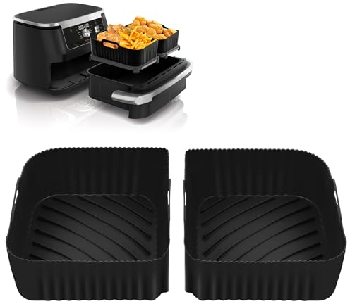 Hivio Silicone Air Fryer Liners for Ninja Flexi Drawer Air Fryer AF500UK/AF500UKCP, Air Fryer Accessories Reusable for Ninja foodi flexdrawer Dual air Fryer 10.4L af500uk, 2x5.2L (2 Packs-Black)