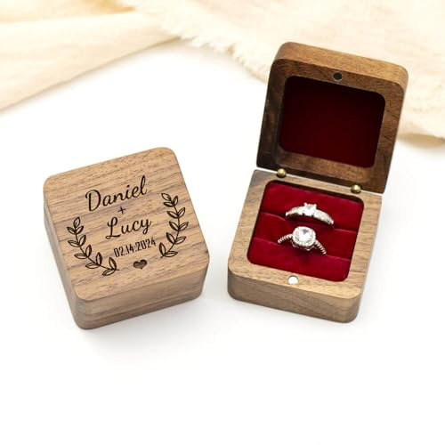 temusuric Benutzerdefinierte Ringbox für Hochzeitstag Personalisierte Holz Ehering Boxen Verlobungsring Box Ringbox Halter Antrag Ring Box Hochzeit Ring Box (Rot mit 2 SLots)