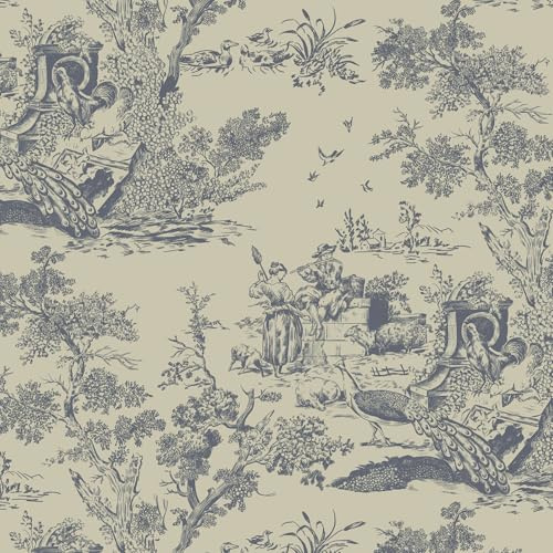 Yomshi Papier peint autocollant bleu et beige 41 cm × 10 m - Papier peint vintage à coller pour salon, cuisine - Motif arbre et animal - Vinyle imperméable