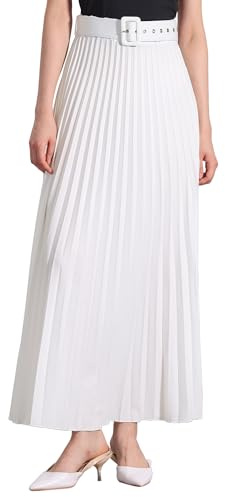 Allegra K Jupe Plissée Longue Femme Fluide Taille Haute Élastique Jupe Maxi Ceinturée Trapèze de Business Blanc XL