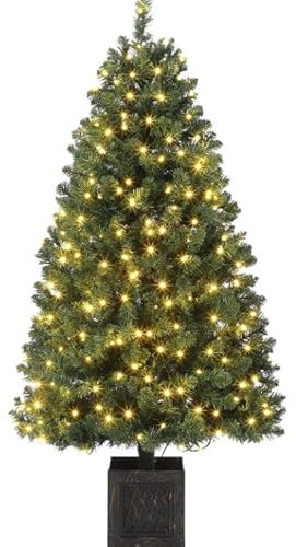 145 cm künstlicher Weihnachtsbaum mit 300 Lichtern, 8 Modus Warmweiß Vorbeleuchteter Metallgestell Weihnachtsbaum mit Vintage Blumentopf Weihnachten Deko für Familientreffen, Büro und Flure