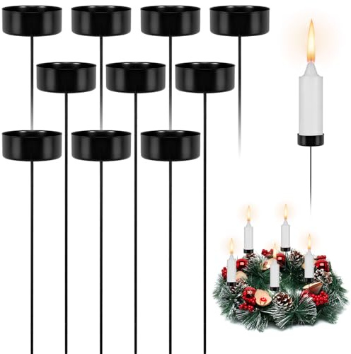 DELAESI Portavelas, corona de Adviento, 10 unidades, para velas de Adviento, sin espina, portavelas de té para pegar, color negro, para decoración de mesa de Navidad