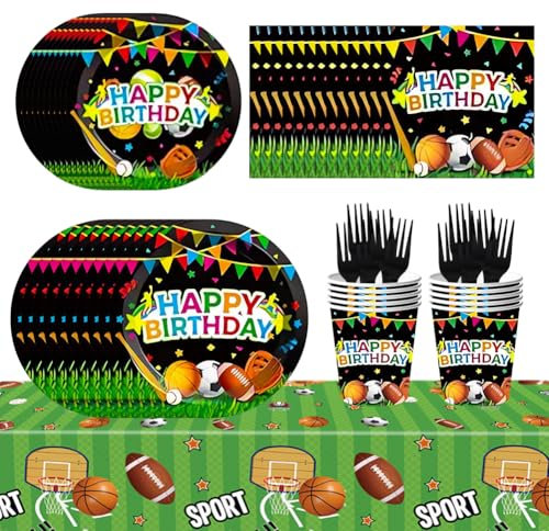 Rugby Party Tableware, Ball Themed Birthday Tableware, Sports Theme Birthday Party Decorations, Includes Plate Napkin Cup Tablecloth, 61 Pieces