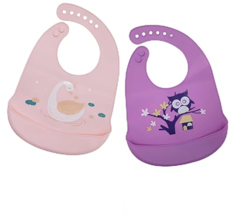 2 pezzi Bavaglini Silicone, con vassoio di raccolta, bavaglini impermeabili, per neonati, motivo cartoni animati, lavabile con 1 smerigliatrice in silicone, per bambini, rosa/lilla, Taglia unica