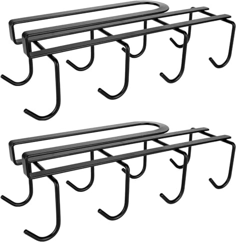 WODSTA Becherhalter, 2 Stück, schwarz, unter dem Regal, Becherhalter mit 8 Haken, Unterschrank-Aufhänger, Regal, Organizer, multifunktionaler Tassen-Organizer, Tassenhaken für Schlafräume, Büros und