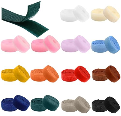 KASURE 28 Stück Klettband zum Nähen, 14 Farben Nylon Gewebe-Klebeband mit Non-Kleber, 20mm x 1m Klettverschluss zum Nähen Extra Stark Hakenband und Flauschband Klettband Beidseitig