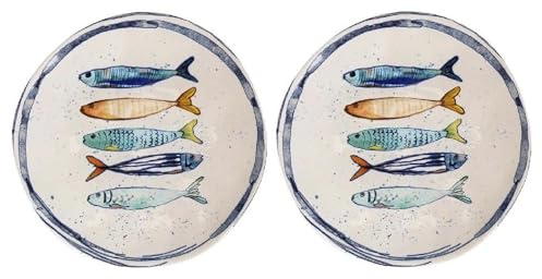 Teller im mediterranen Design mit Sardinen-Motiv | Maritime Speiseteller (26 cm), Suppenteller (21 cm) oder Dessertteller (20 cm) aus robusten Steinzeug, glattes Finish (2er Set Dessertteller (20cm))
